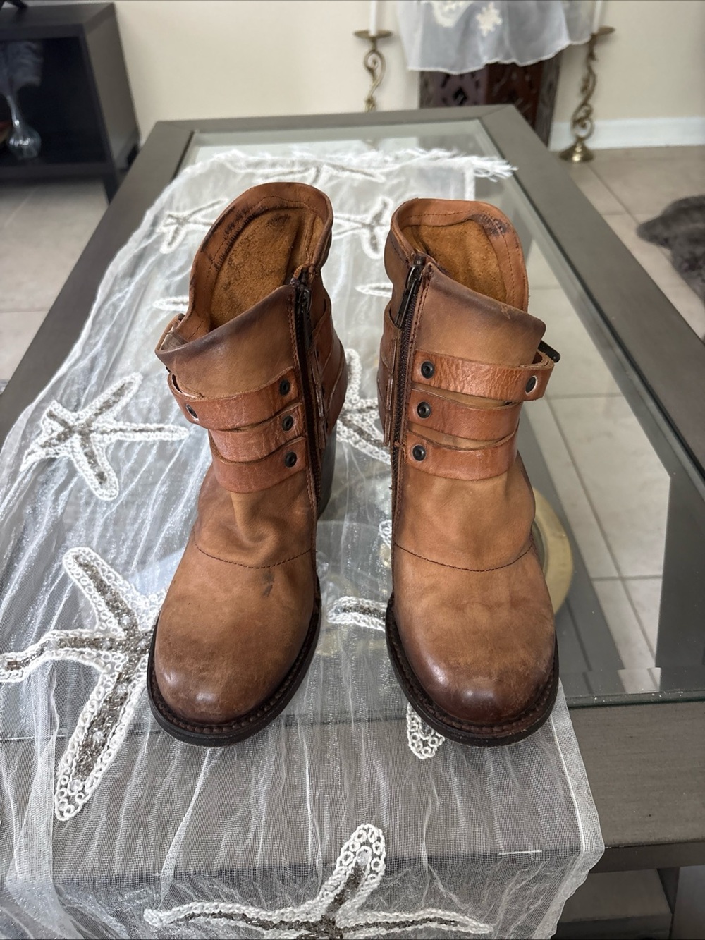 Freebirds Brown Leather Ankle Boots with Side Zip and Strap Detail
